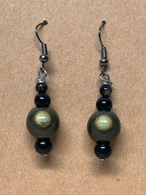 Hand Crafted Black and Gold Green Beaded Drop Earrings